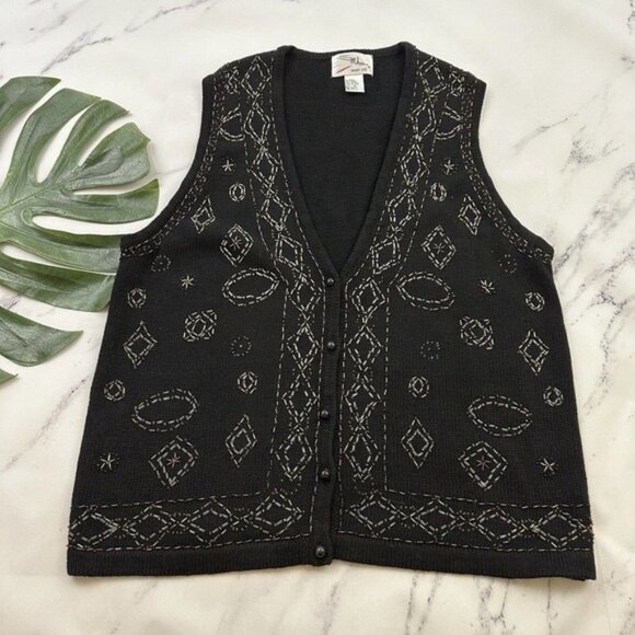 SML Sport Womens Vintage 90s Sweater Vest Size M Black Brown Floral Beaded Knit - Picture 1 of 9